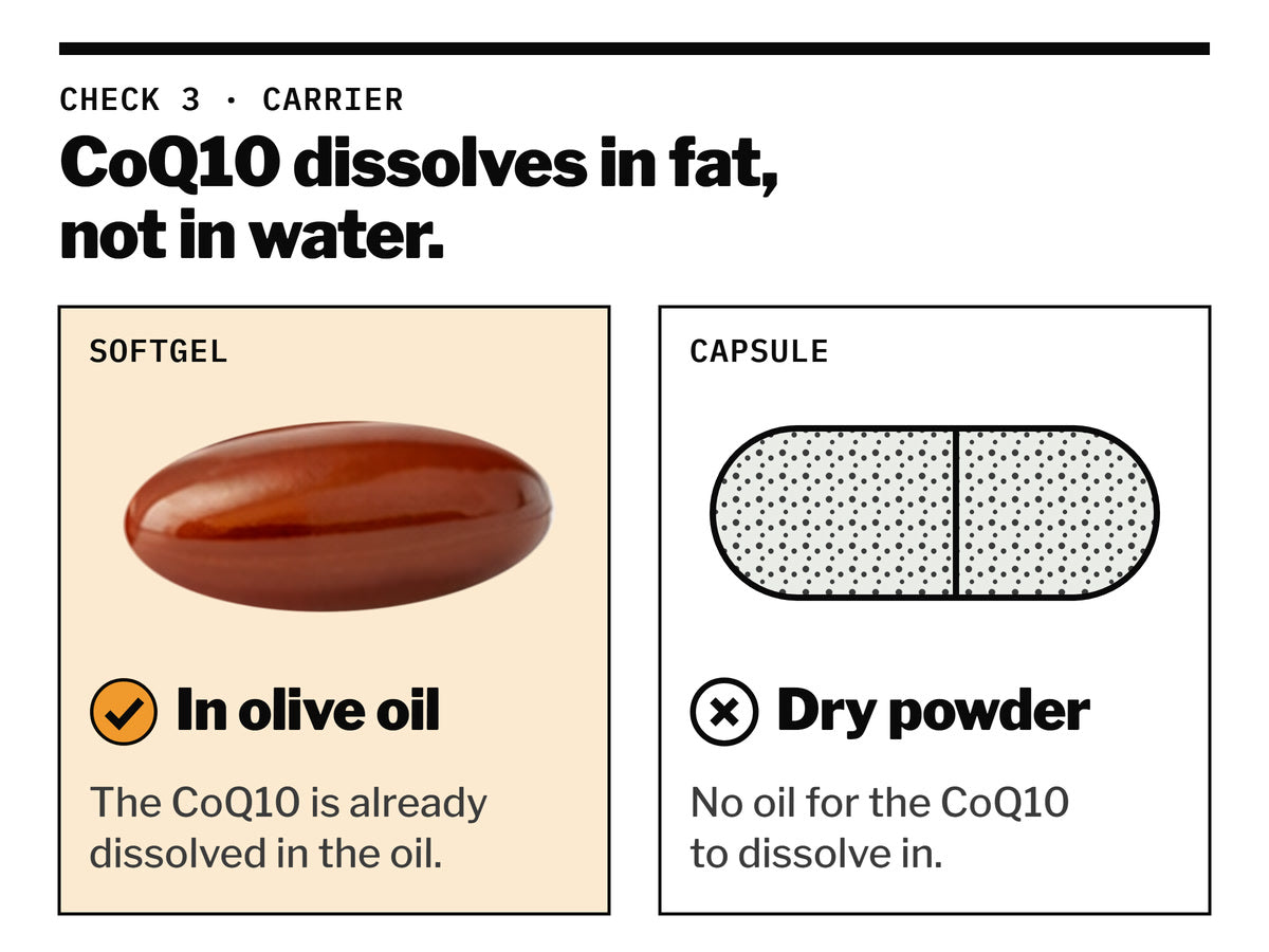 A softgel with CoQ10 dissolved in olive oil, marked with a check, next to a capsule of dry powder with no oil, marked with a cross.