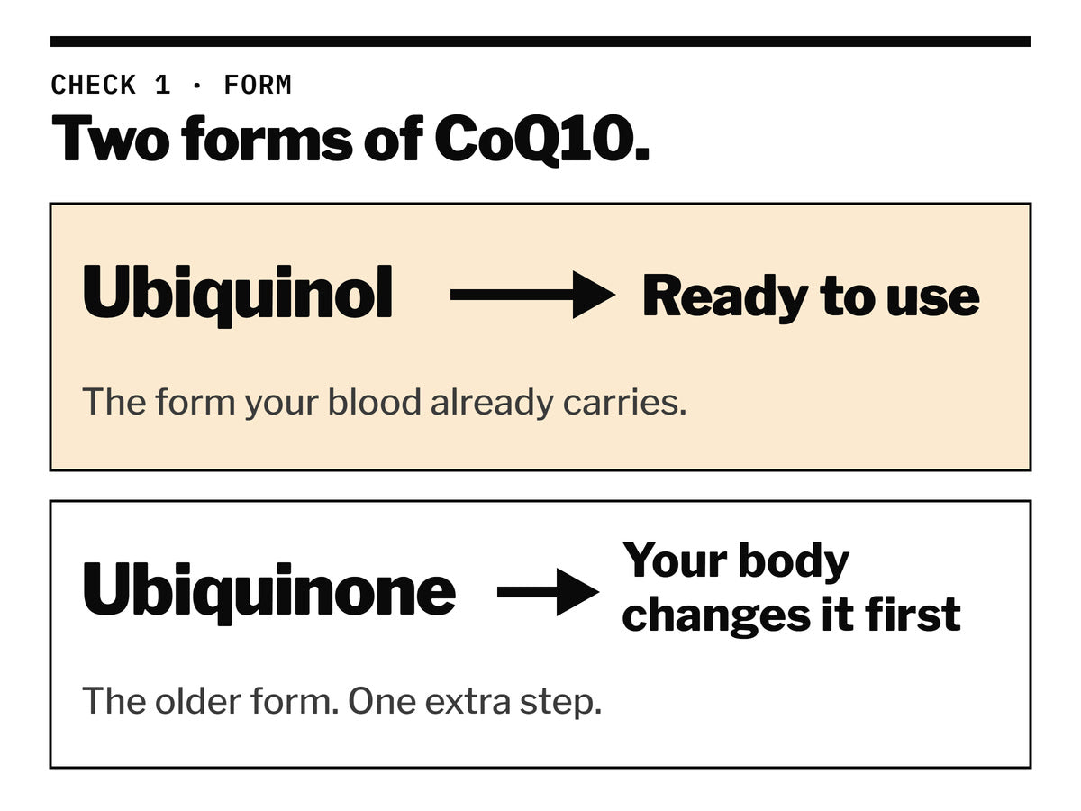 Two forms of CoQ10. Ubiquinol: ready to use. Ubiquinone: the older form, your body changes it first.